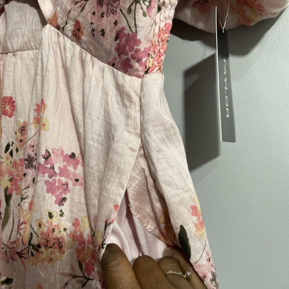 Taylor Pink Floral Puff Sleeve Dress Womens Size 14 V Neck Pockets Lined NWT - Picture 8 of 15